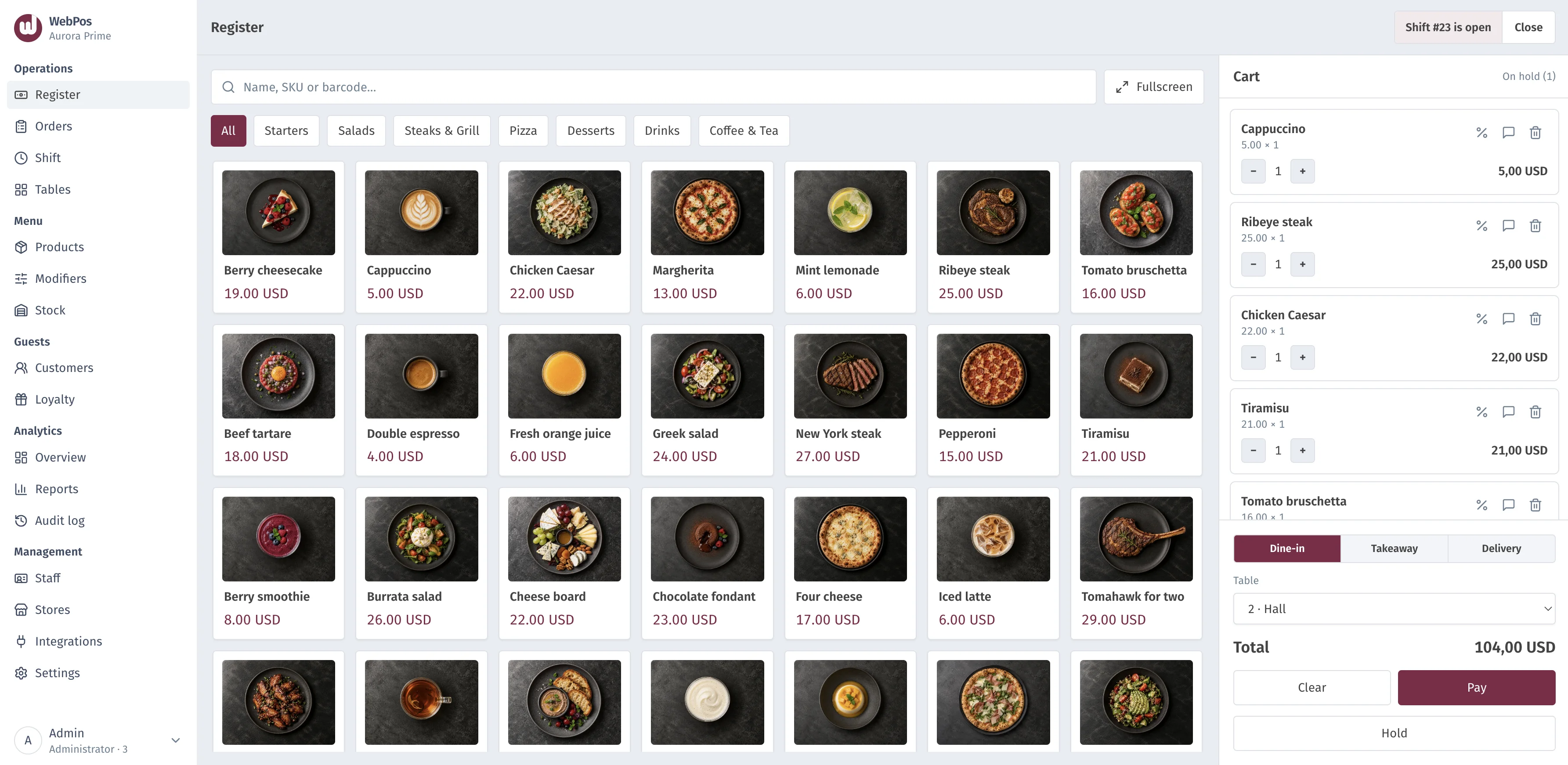 WebPos register — Aurora Prime cart with dine-in order